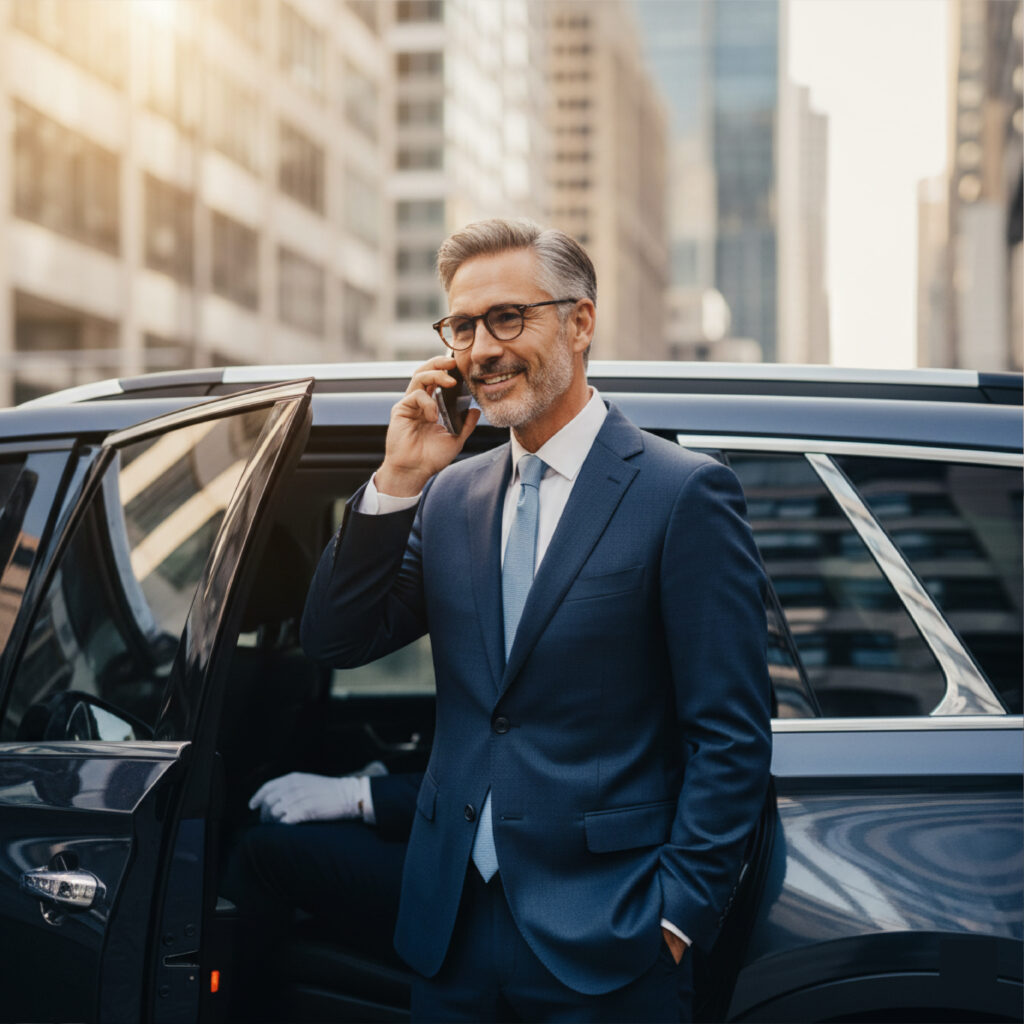 Businessman in a blue suit speaks on the phone beside an open SUV door; a chauffeur’s gloved hand is visible inside.
