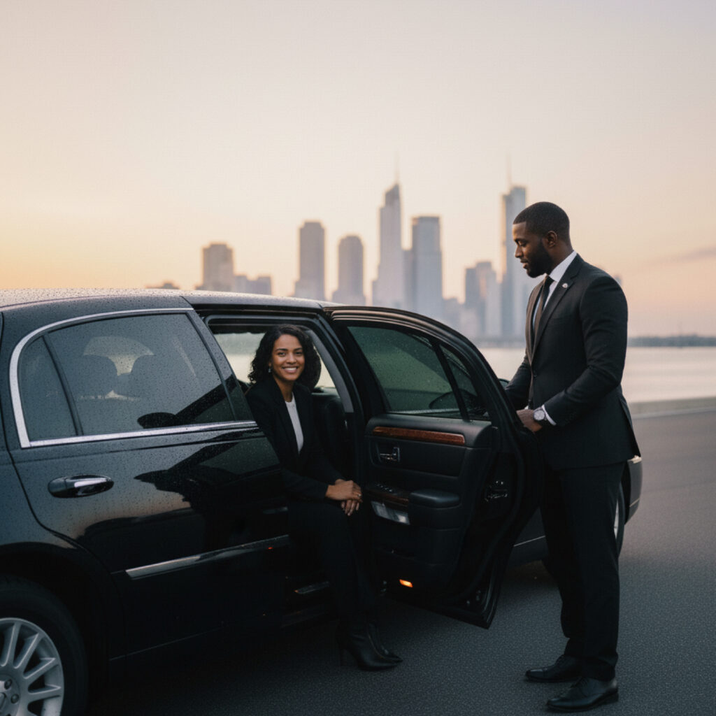Smiling passenger sits in the rear of a black sedan while a chauffeur holds the door; city skyline at sunrise.