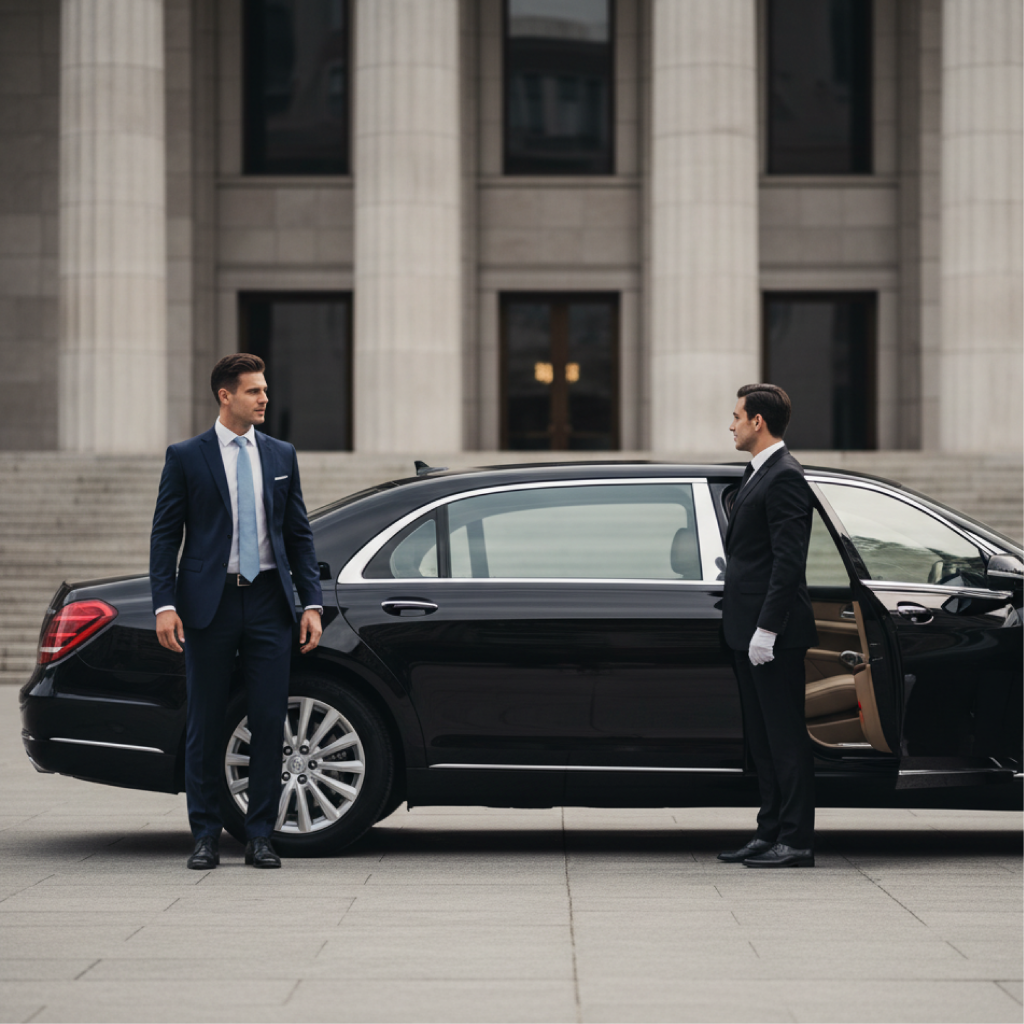 Chauffeur holds rear door of a black luxury sedan while a suited passenger stands nearby outside a building with columns.