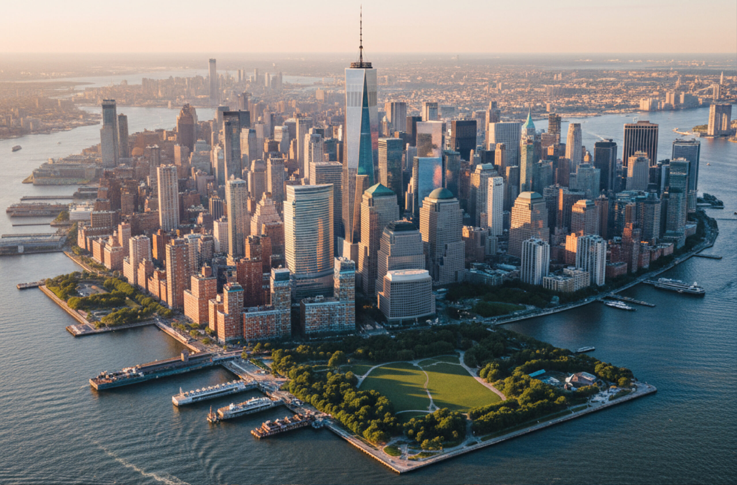 Aerial view of Lower Manhattan at sunset with One World Trade Center and Battery Park.
