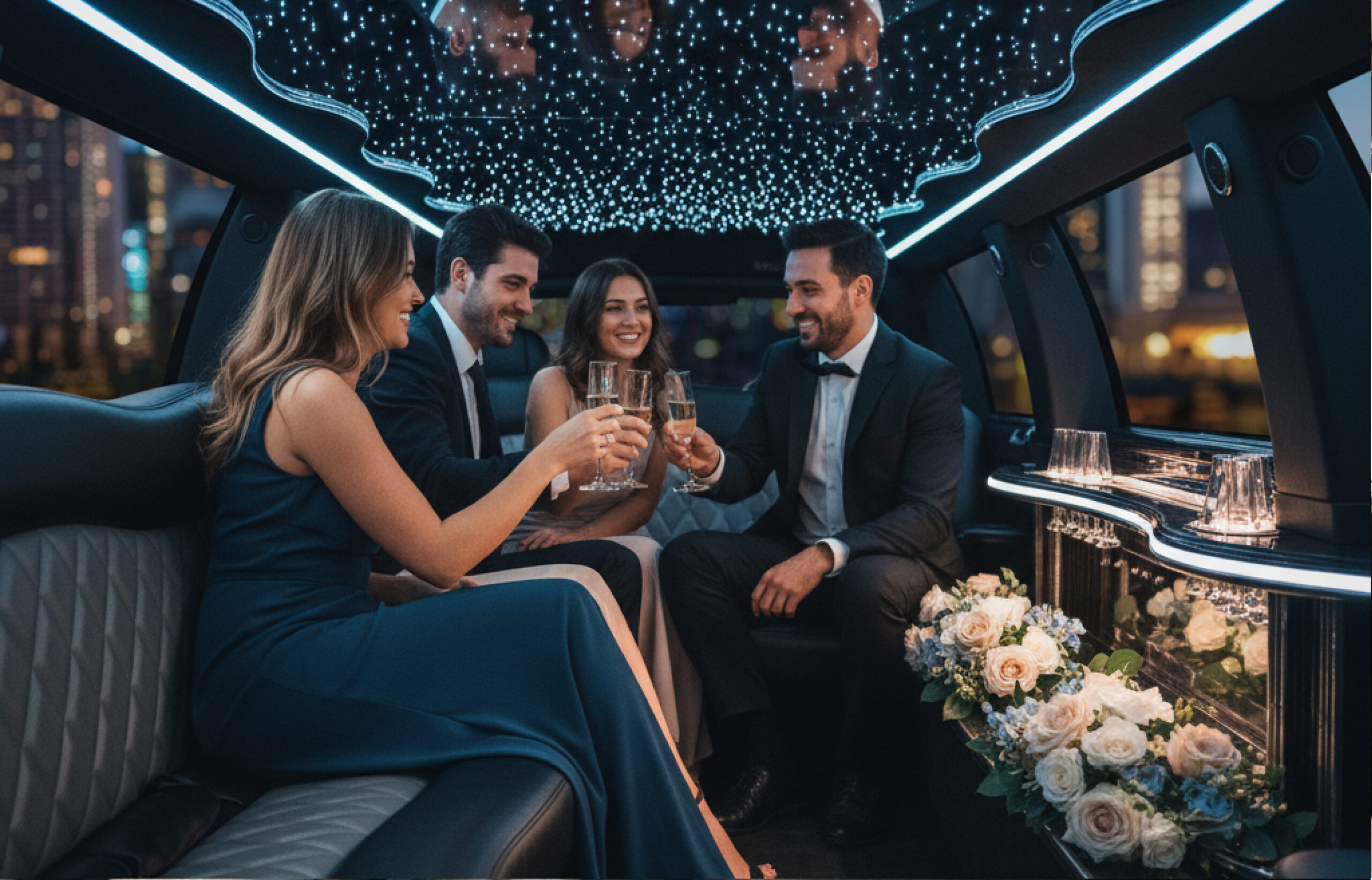 Four people in formal attire toast with champagne inside a limousine with starry ceiling and floral decor.