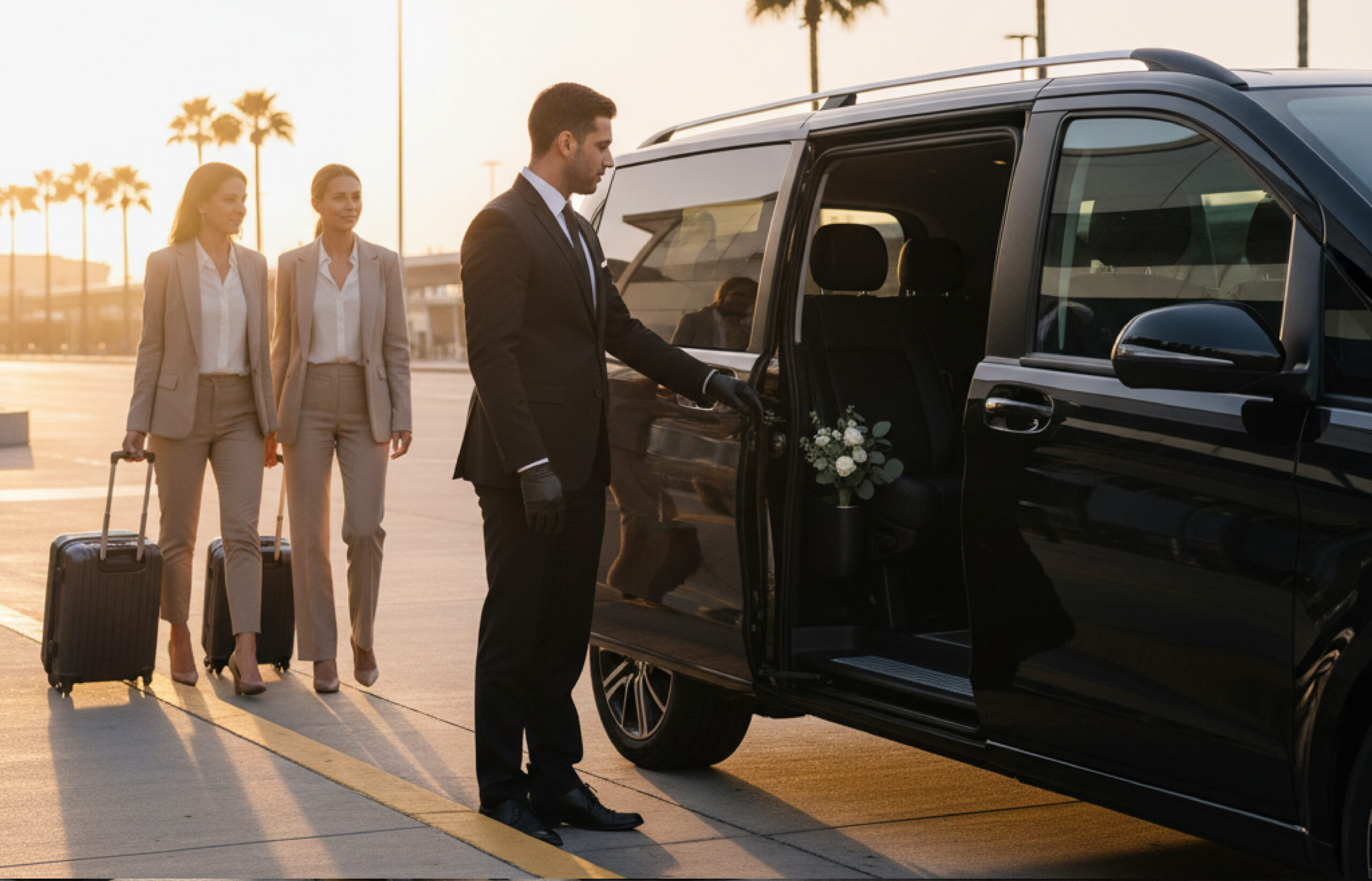 Chauffeur opens a black van at an airport curb as two travelers with carry-on luggage approach at sunset.