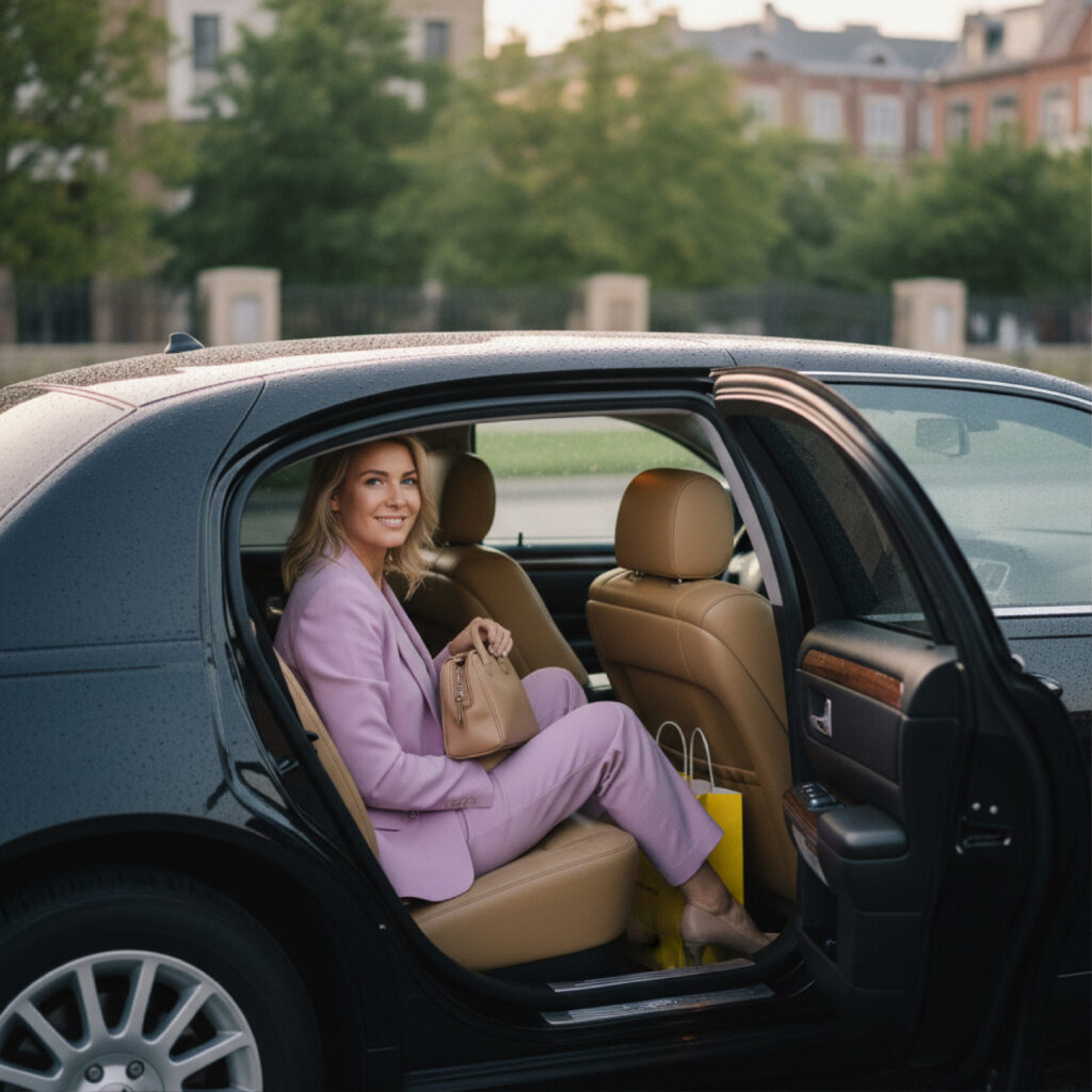 Woman in a lavender suit sits in the rear of a black sedan with the door open, holding a handbag; shopping bags on the floor.
