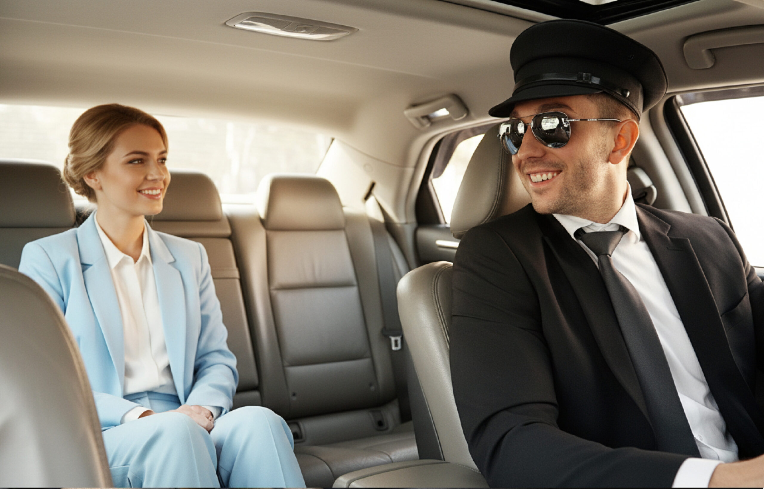 Passenger in a light blue suit smiles in the back seat while a uniformed chauffeur in cap and sunglasses drives a sedan.