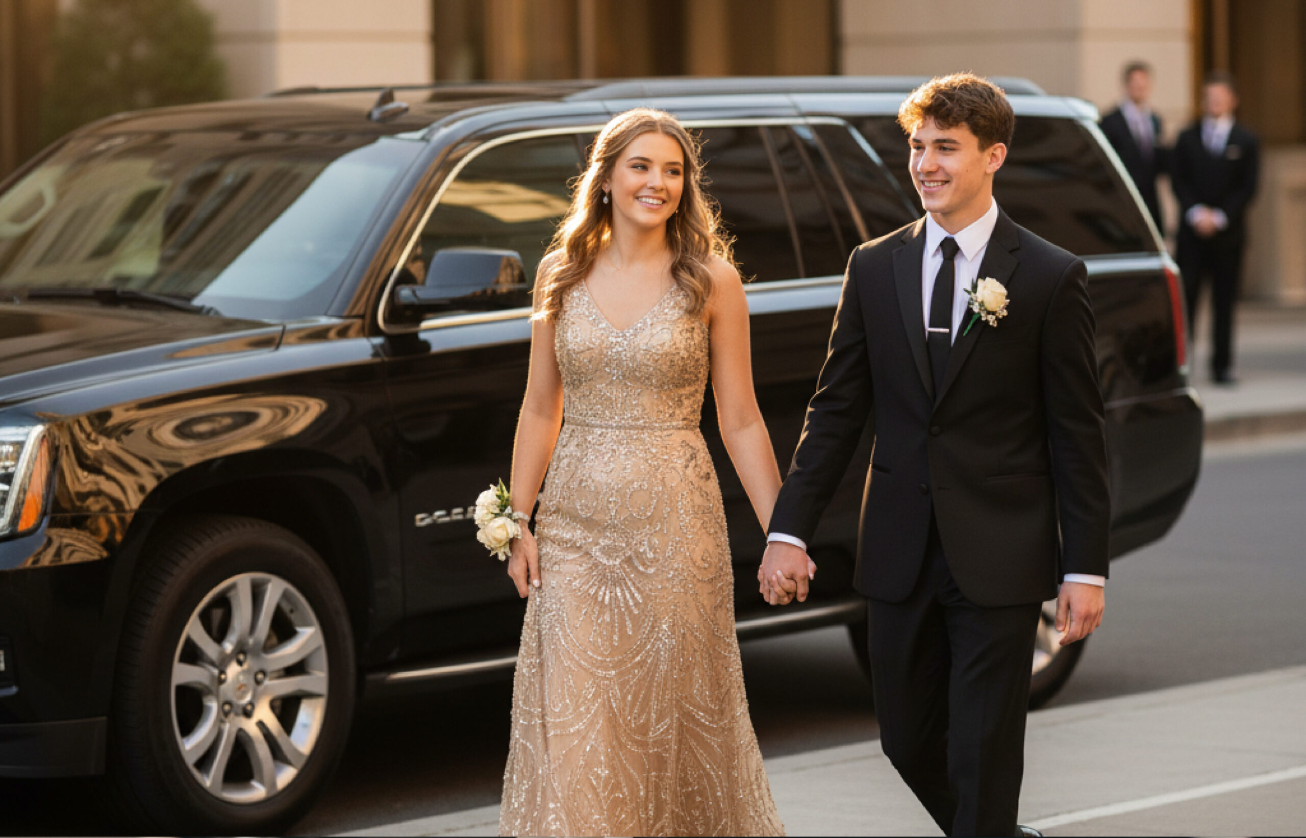 Young couple in formal wear walks hand in hand beside a black SUV, each wearing a corsage/boutonniere in evening light.