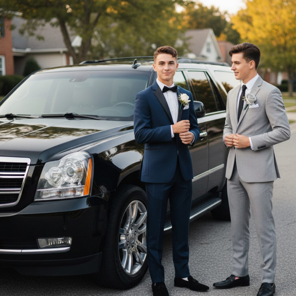 Two people in tuxes stand beside a black SUV on a suburban street, each wearing a boutonniere.