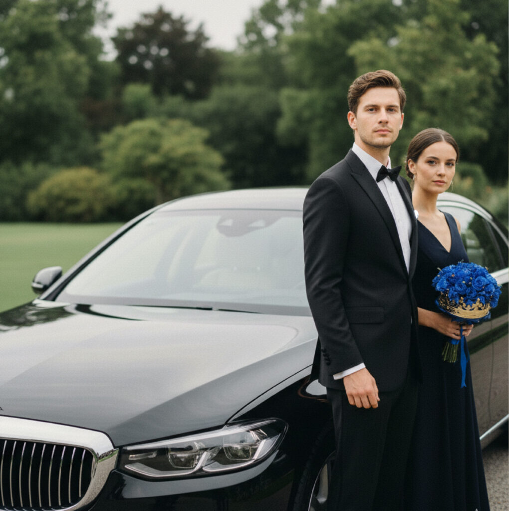 Couple in formal attire stands beside a black luxury sedan; woman holds a blue bouquet in a garden setting.