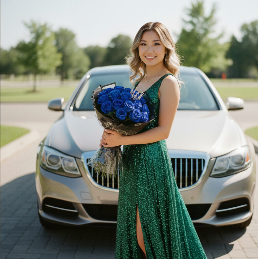 Young woman in a green sequin gown holds a bouquet of blue roses while standing in front of a silver sedan in daylight.