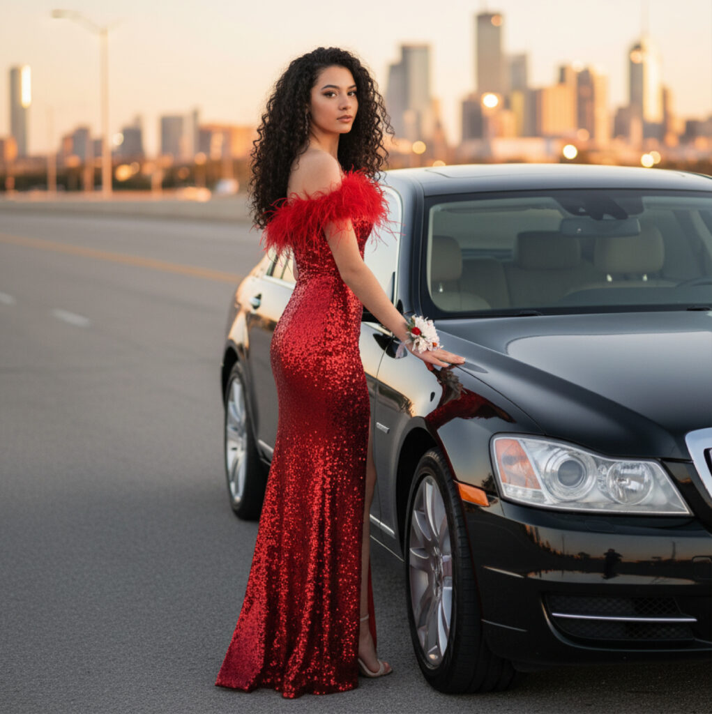 Young woman in a red sequin gown stands beside a black sedan at sunset, city skyline in background, corsage on wrist.