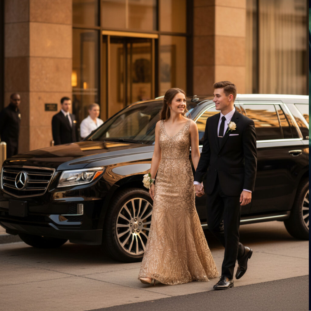 Prom couple walk hand in hand past a black Mercedes SUV outside a hotel entrance at dusk.