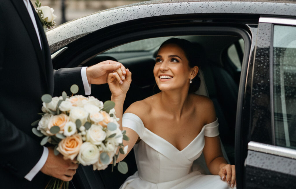 Bride in an off-shoulder gown steps from a black car, smiling as she takes her partner’s hand; bouquet of white and peach roses. Jiberia Limo Service for wedding transportation