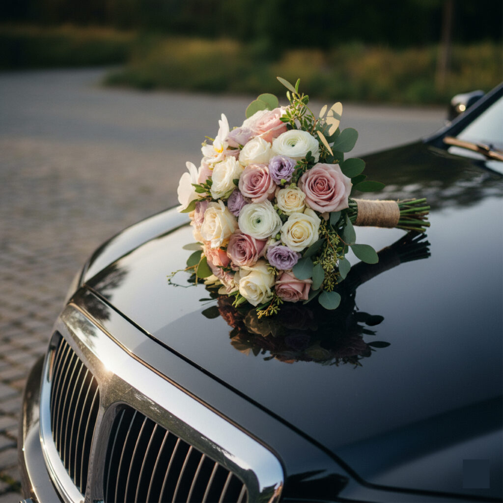 Bridal bouquet of pastel roses and eucalyptus resting on the hood of a black car. Jiberia Limo Service Wedding Transportation