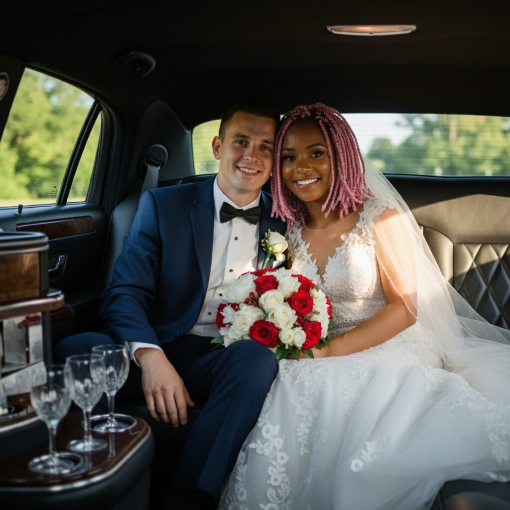 Bride and groom stand beside a black car, touching foreheads and holding pastel flower bouquets in warm light. Jiberia Limo Service For wedding transportation