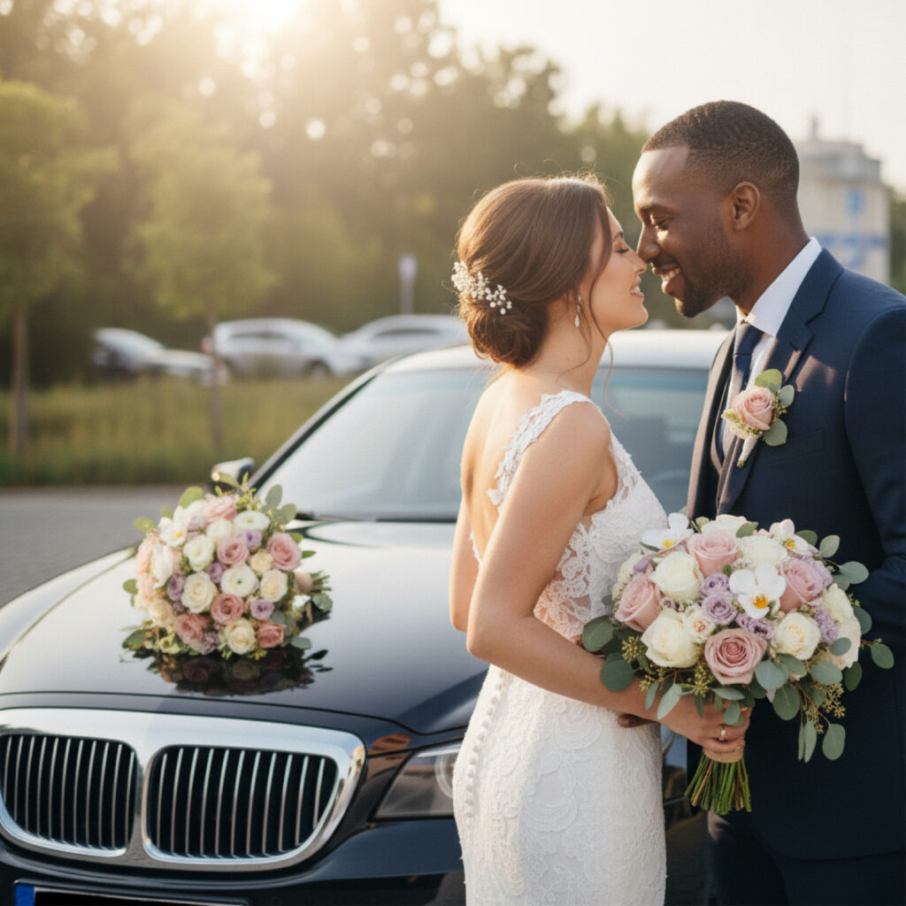 Bride and groom with bouquets stand beside a black car, touching foreheads in warm afternoon light Jiberia Limo Service Wedding Transportation