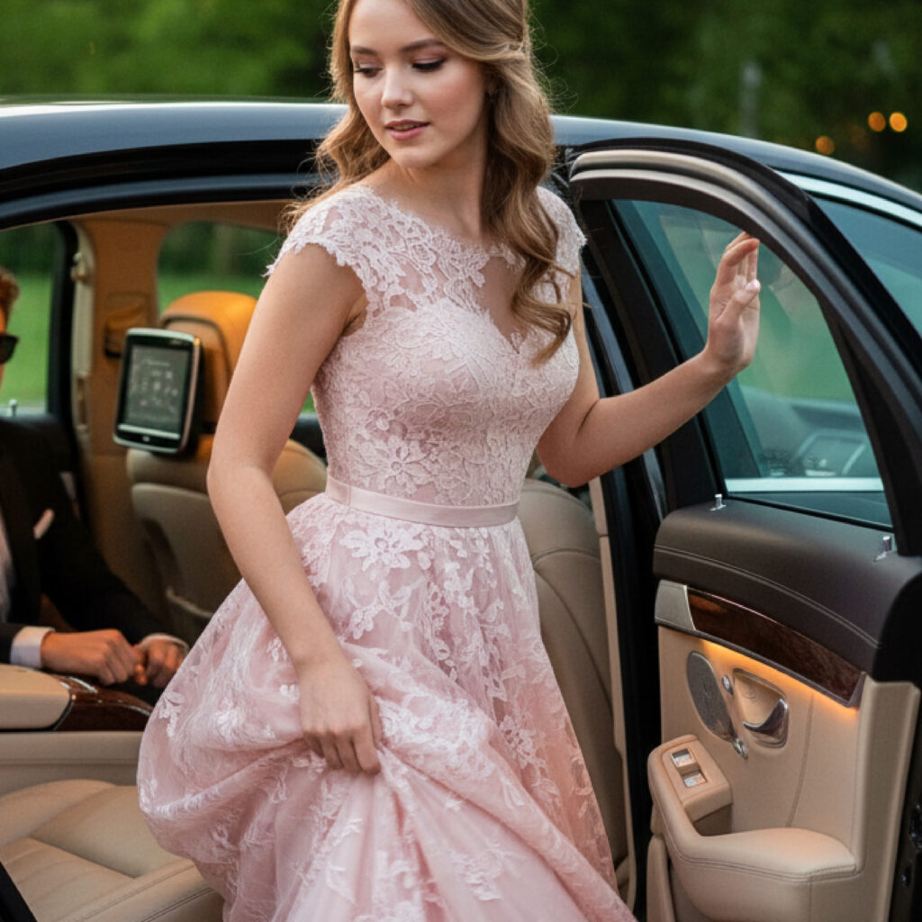 Young woman in a pink lace gown steps out of a luxury sedan, holding the door and her dress.