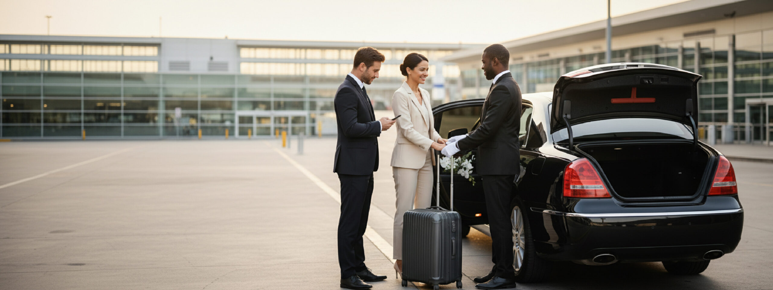 Chauffeur assists a traveler with luggage beside a black sedan with open trunk at an airport terminal.