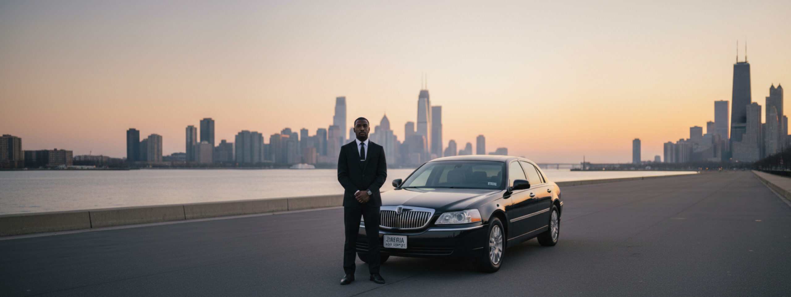 Chauffeur stands beside a black sedan on a waterfront road with a city skyline at sunrise. Jiberia Limo Service