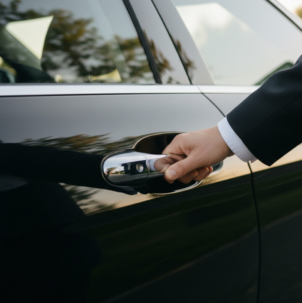 Close-up of a hand in a suit opening the chrome door handle of a black car Jiberia Limo Service