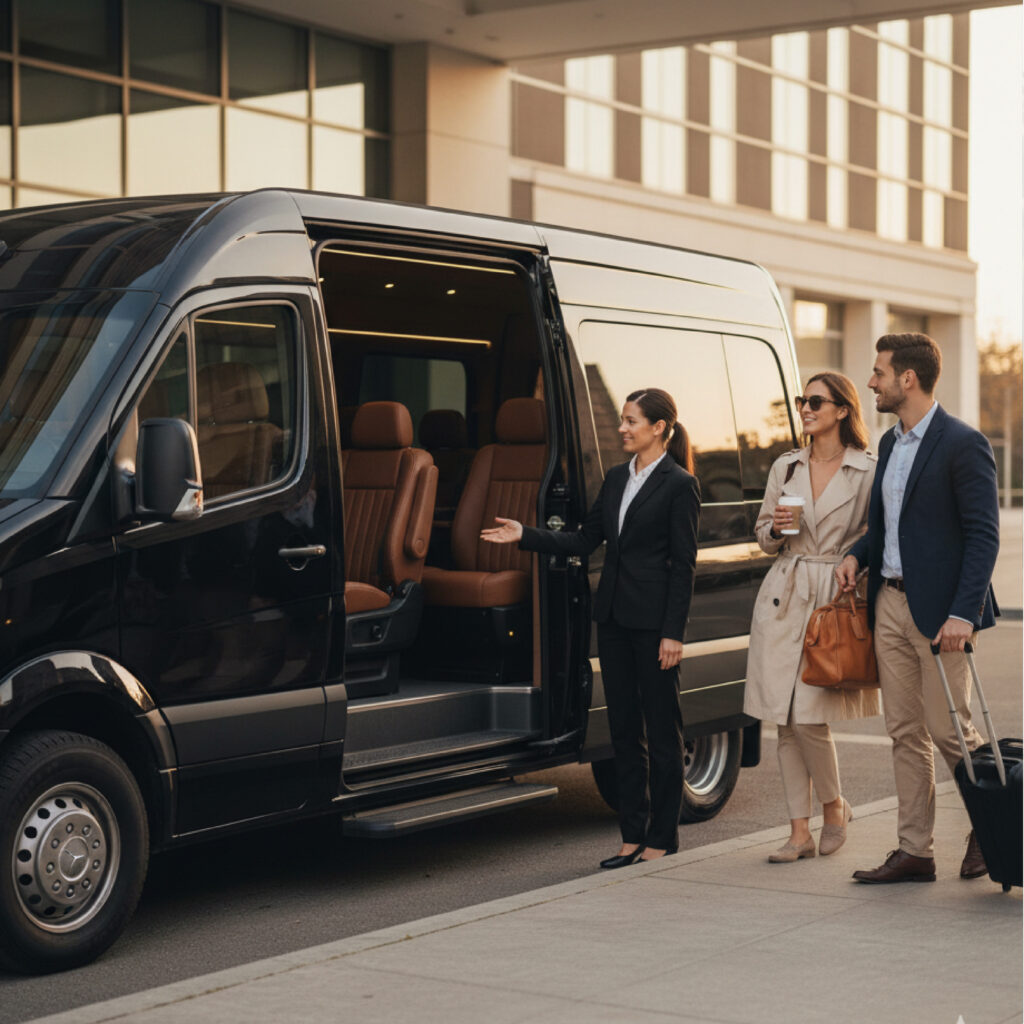 Chauffeur gestures to the open door of a black passenger van as two travelers approach outside a modern building Jiberia Limo Service
