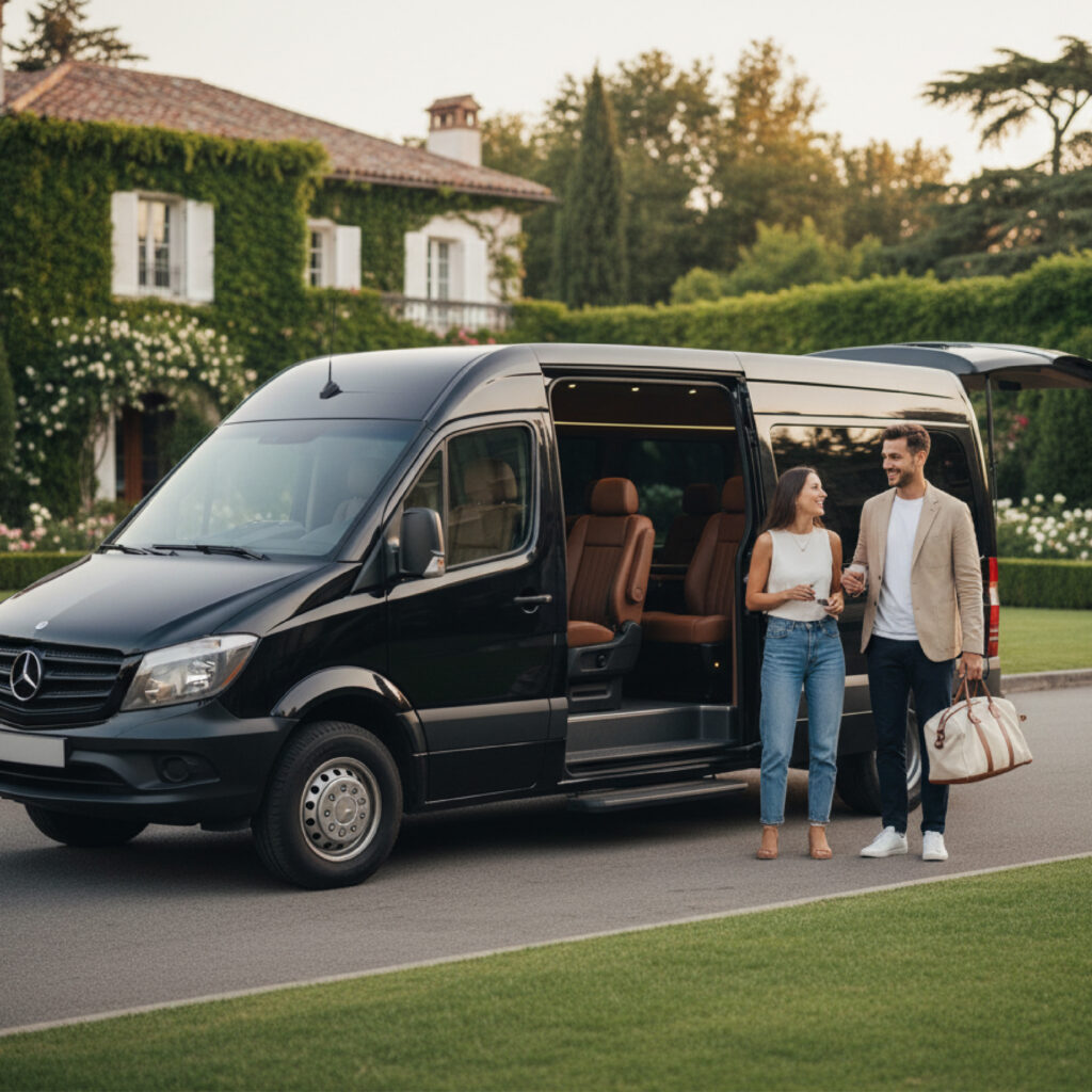 Chauffeur gestures toward the open door of a black passenger van as two travelers approach a curbside pickup Jiberia Limo Service