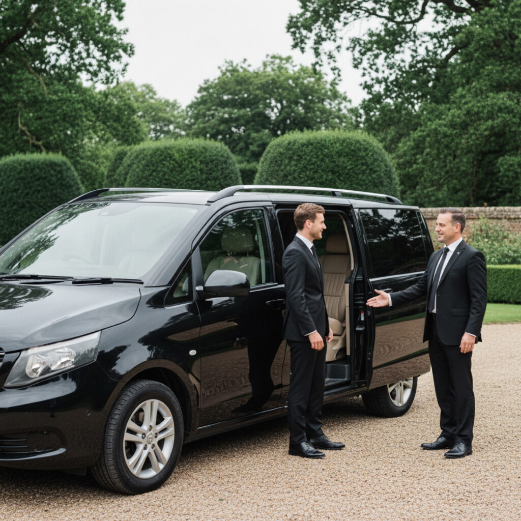 Chauffeur greets a guest beside a black van with the sliding door open on a landscaped gravel driveway. Jiberia Limo Service