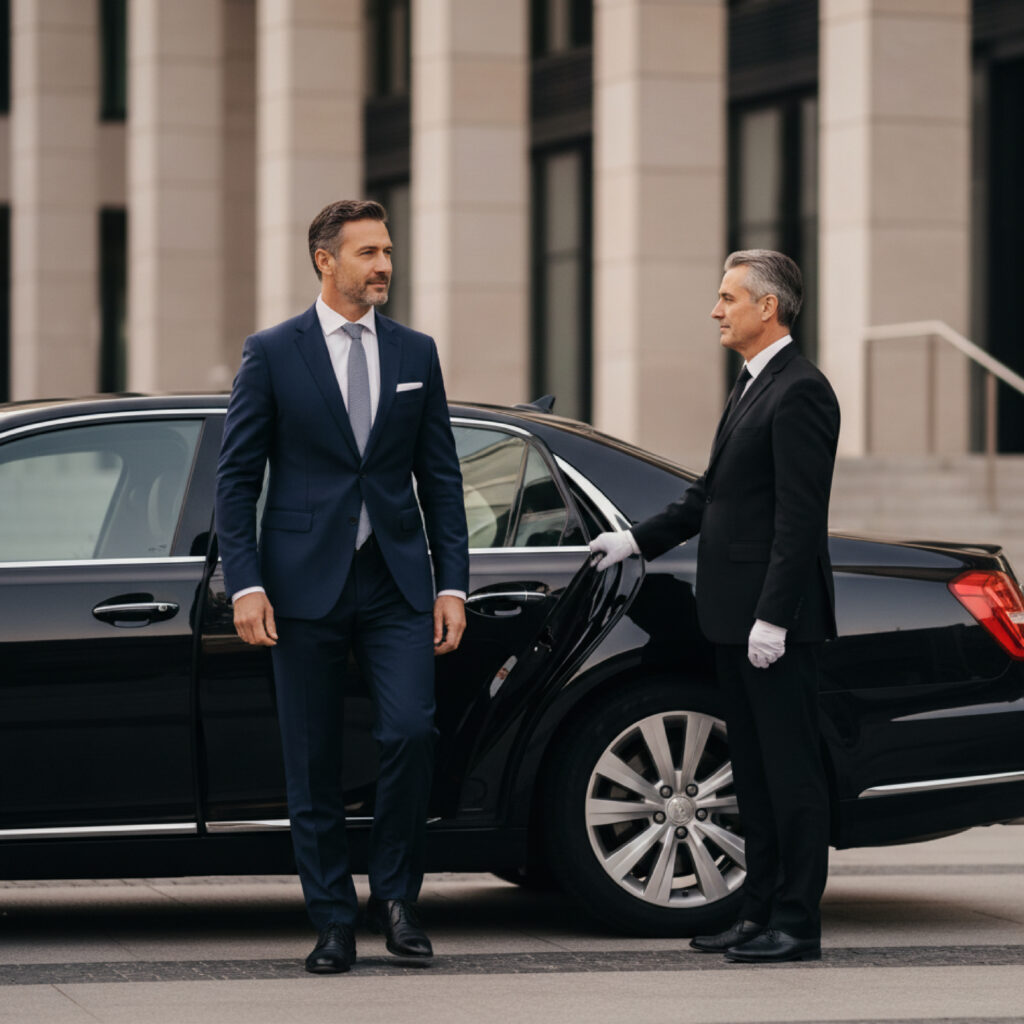 Chauffeur holds a black sedan’s rear door while a suited passenger steps out in front of an office building. Jiberia Limo Service