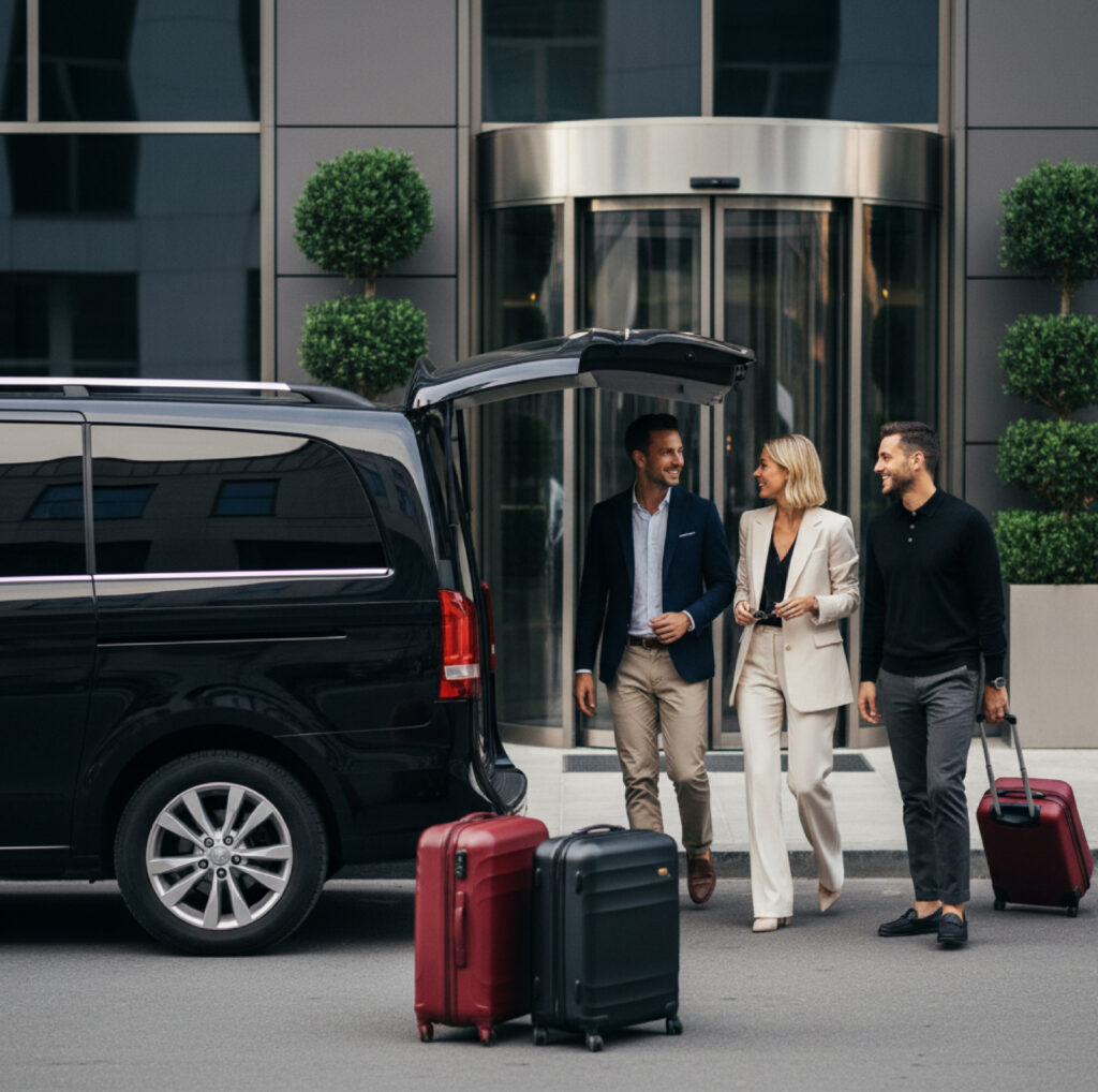 Three travelers with rolling suitcases walk toward a black van with the rear hatch open outside a hotel Jiberia Limo Service