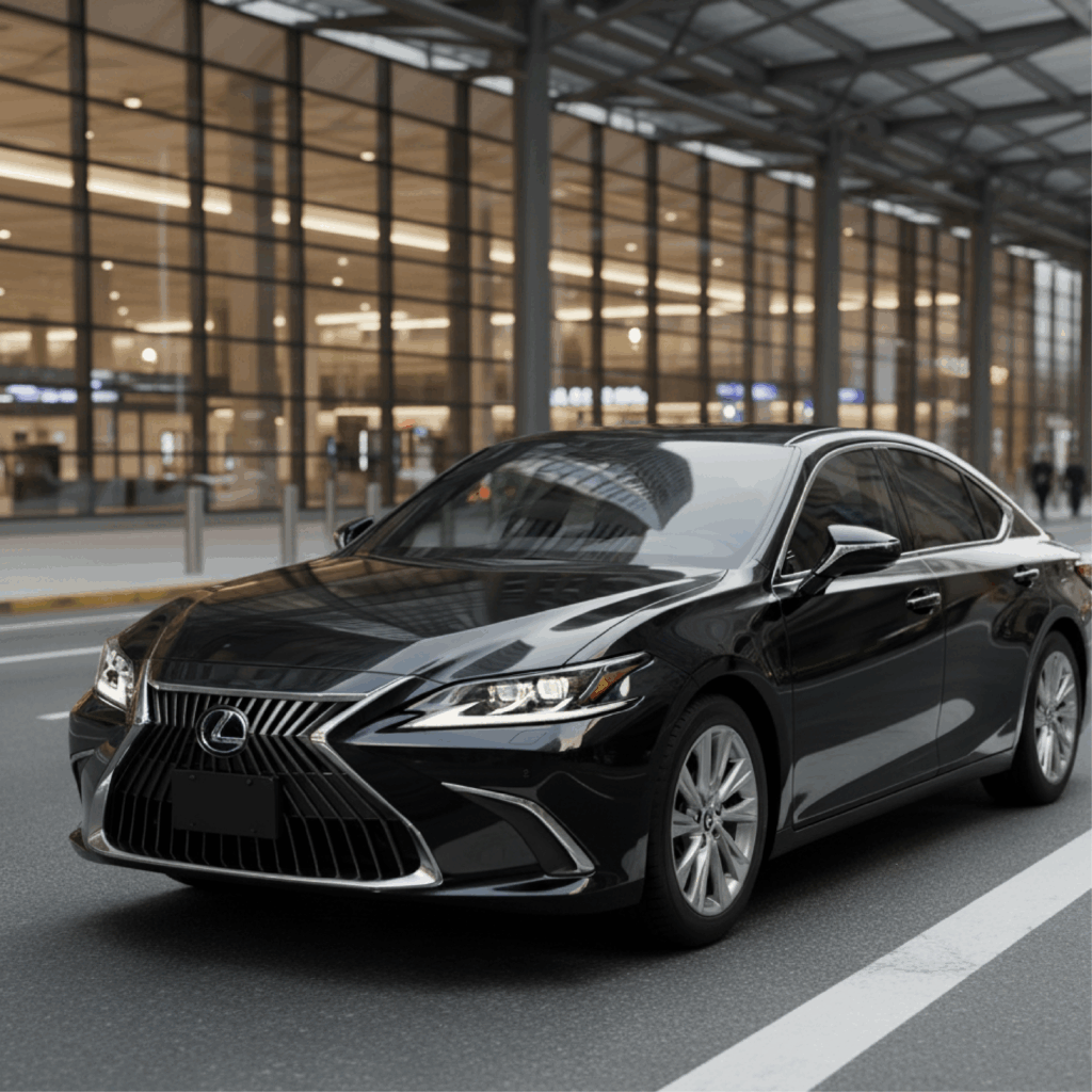 Black Lexus ES sedan outside a modern airport terminal in New Jersey, ready for professional chauffeur pickup and airport transfer.