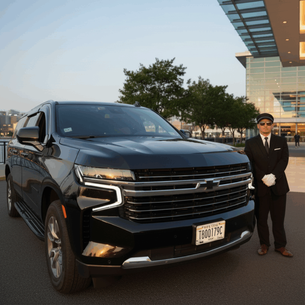 Professional chauffeur standing beside a black Chevrolet Suburban near a modern waterfront terminal in New Jersey, showcasing premium airport transfer service.