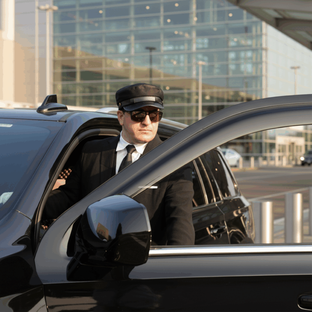 Uniformed chauffeur opening a black SUV outside a modern airport terminal, illustrating NJ airport transfer service.