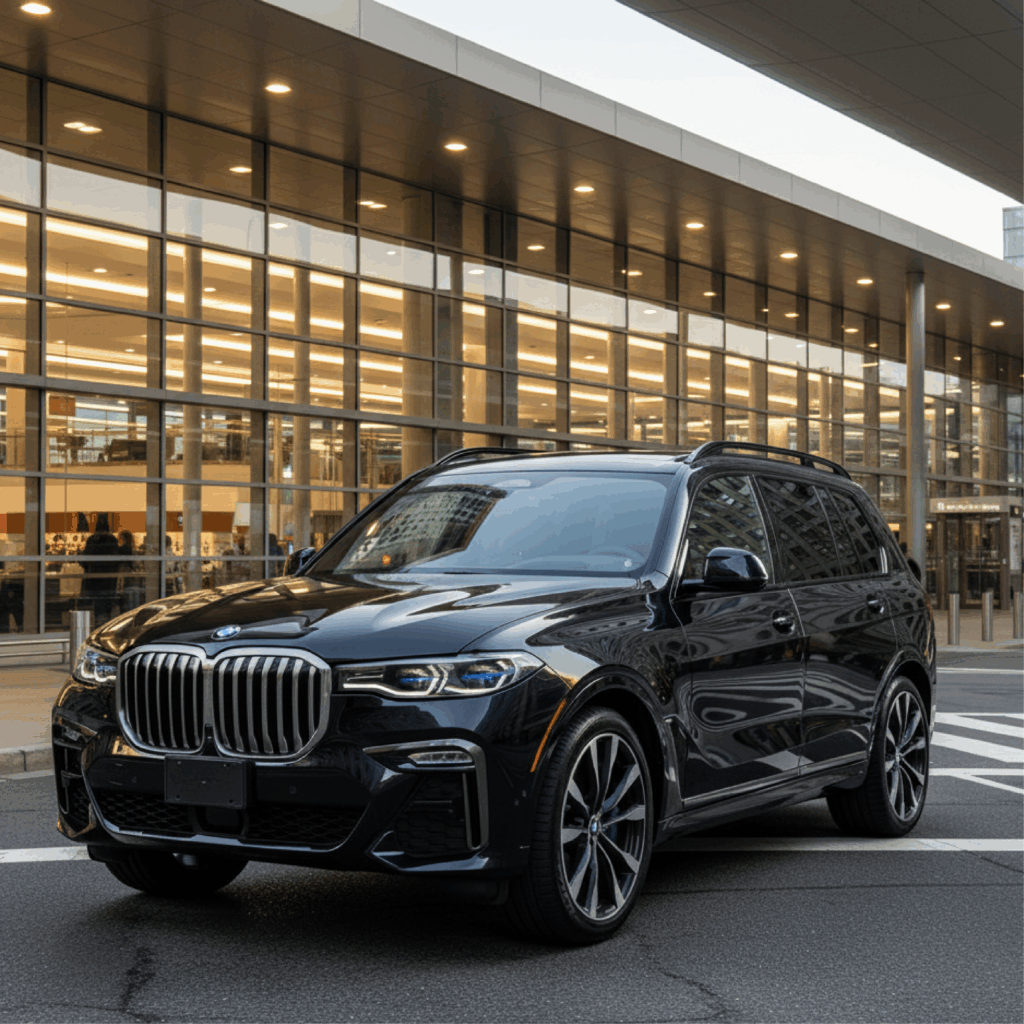 Black BMW X7 luxury SUV outside a modern terminal in New Jersey, ready for professional chauffeur airport pickup and transfer.