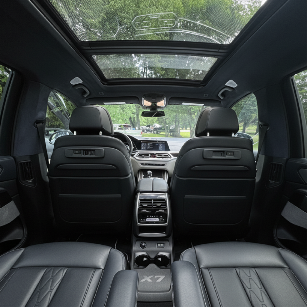 Rear-seat view of a BMW X7 luxury SUV in New Jersey showing panoramic sunroof, leather seating, and rear console for chauffeur airport transfer/private car service.