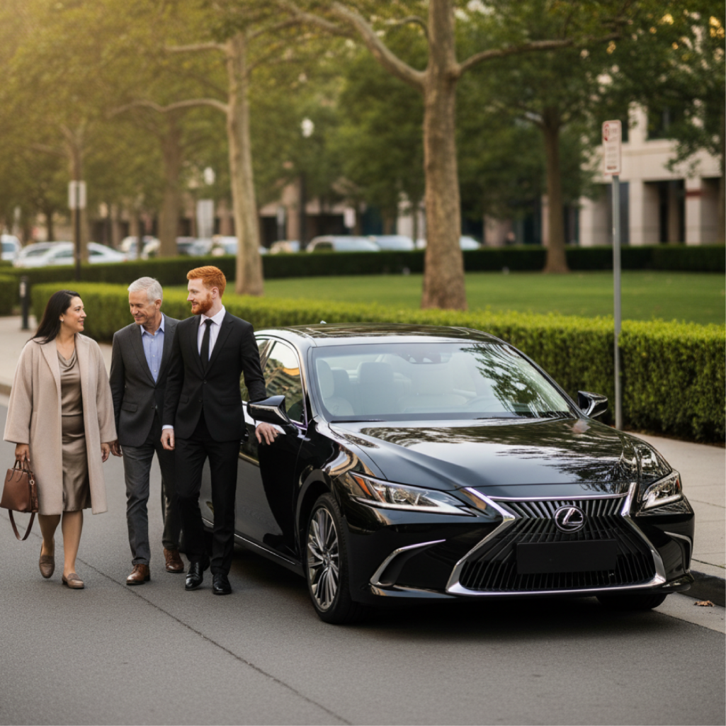 Chauffeur walking with two passengers beside a black Lexus ES on a tree-lined New Jersey street.