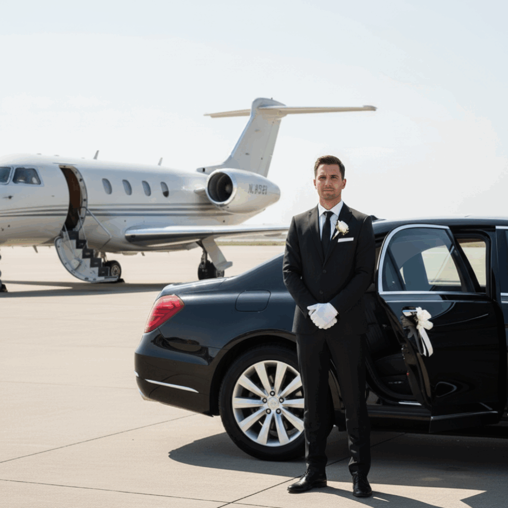 Chauffeur stands beside a black luxury sedan with the rear door open on airport tarmac next to a private jet.