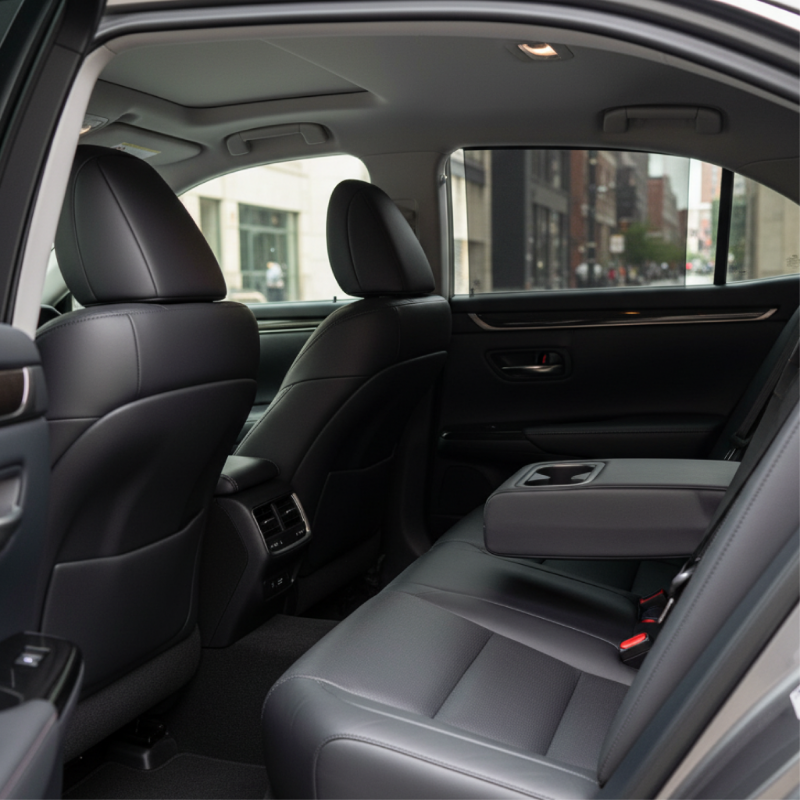 Lexus ES rear seat interior with leather, armrest, and rear air vents, representing New Jersey black car and chauffeur service for Newark EWR and NYC.