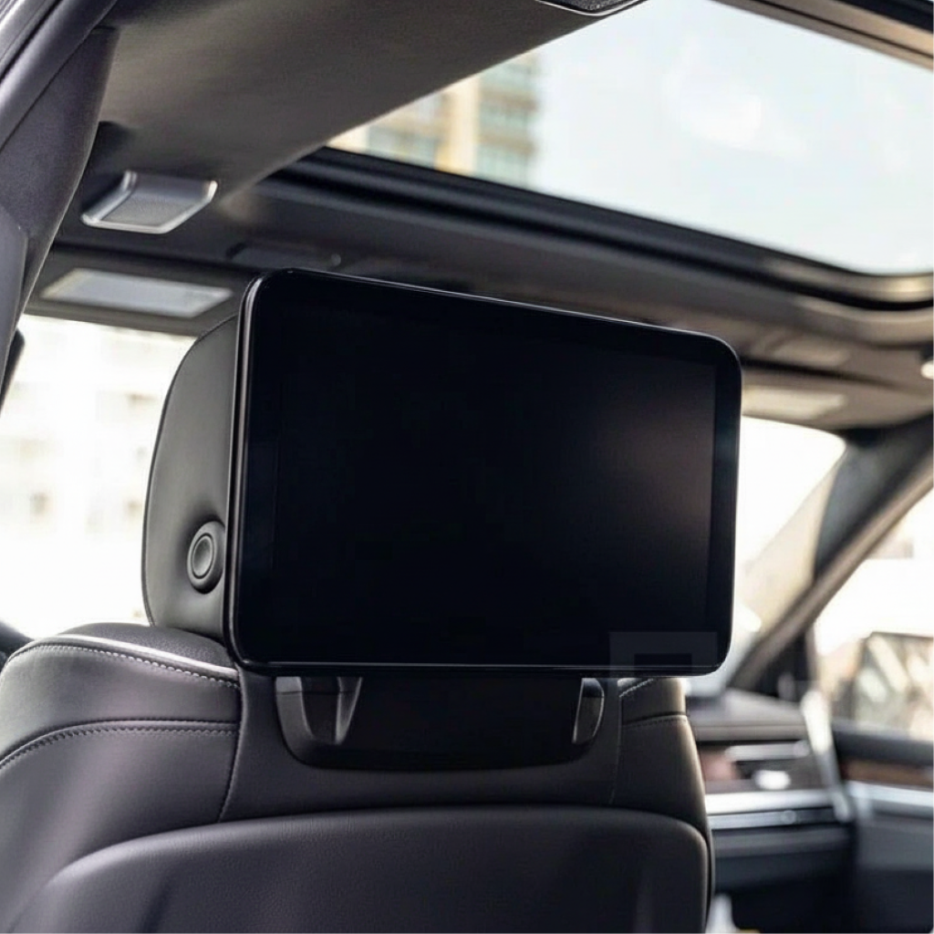 Close-up of rear headrest entertainment screen and panoramic sunroof inside a luxury SUV for NJ chauffeur and airport transfer service.