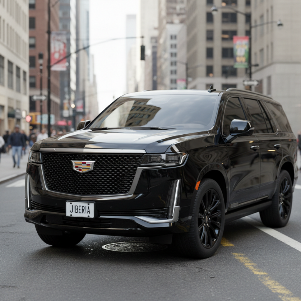 Black Cadillac Escalade SUV on city street used for New Jersey chauffeur service, suitable for EWR and TEB airport transfers and NYC business travel.