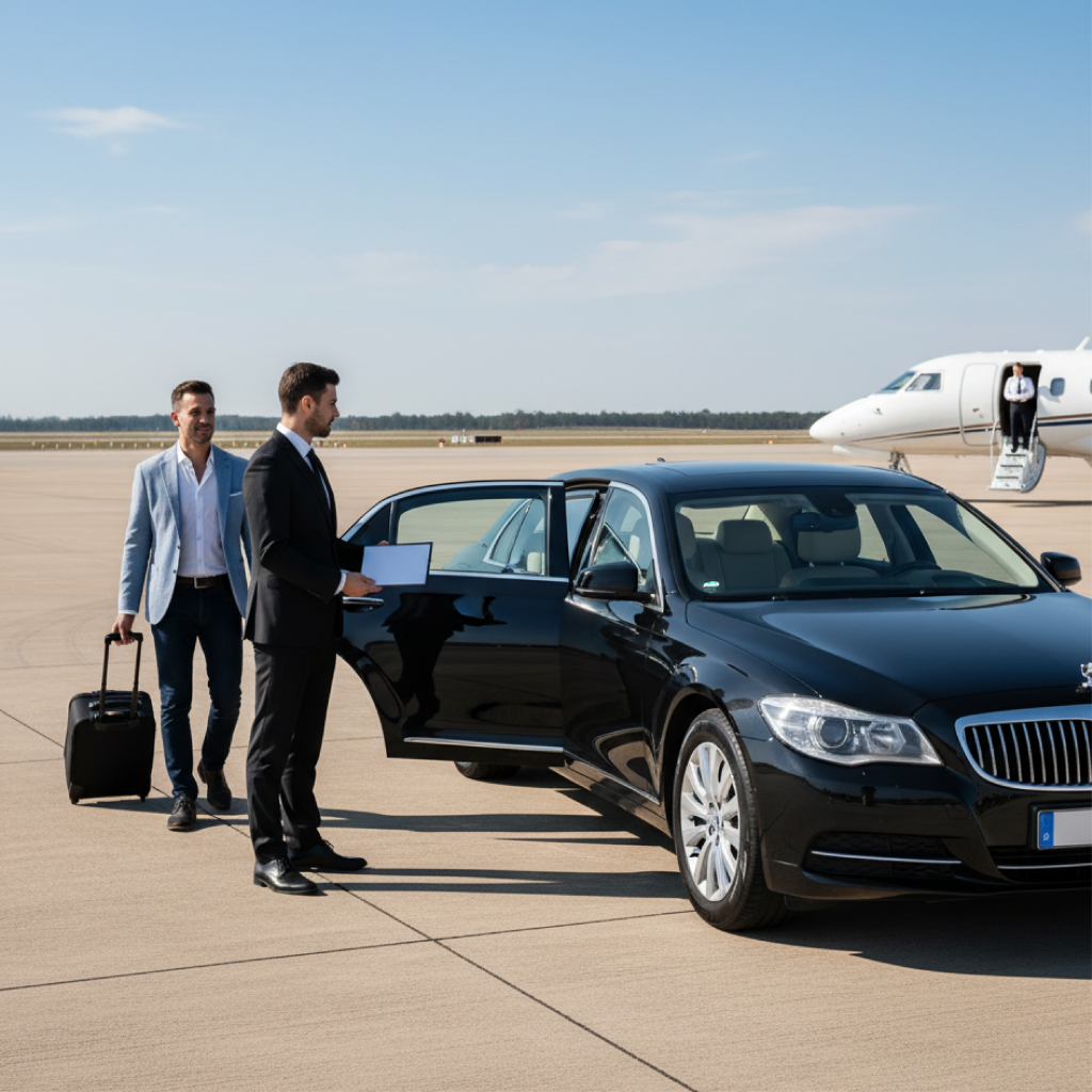 Chauffeur with clipboard opens a black sedan’s rear door on an airport tarmac as a traveler with a suitcase approaches; jet in background.