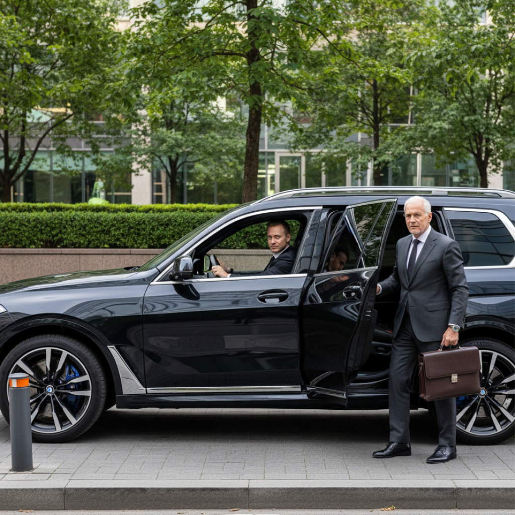 Business executive stepping out of a black BMW X5 as a chauffeur holds the door in a modern New Jersey office district.