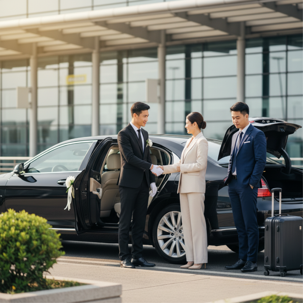 Chauffeur greets two business travelers beside a black sedan at an airport curb, with luggage by the open trunk.