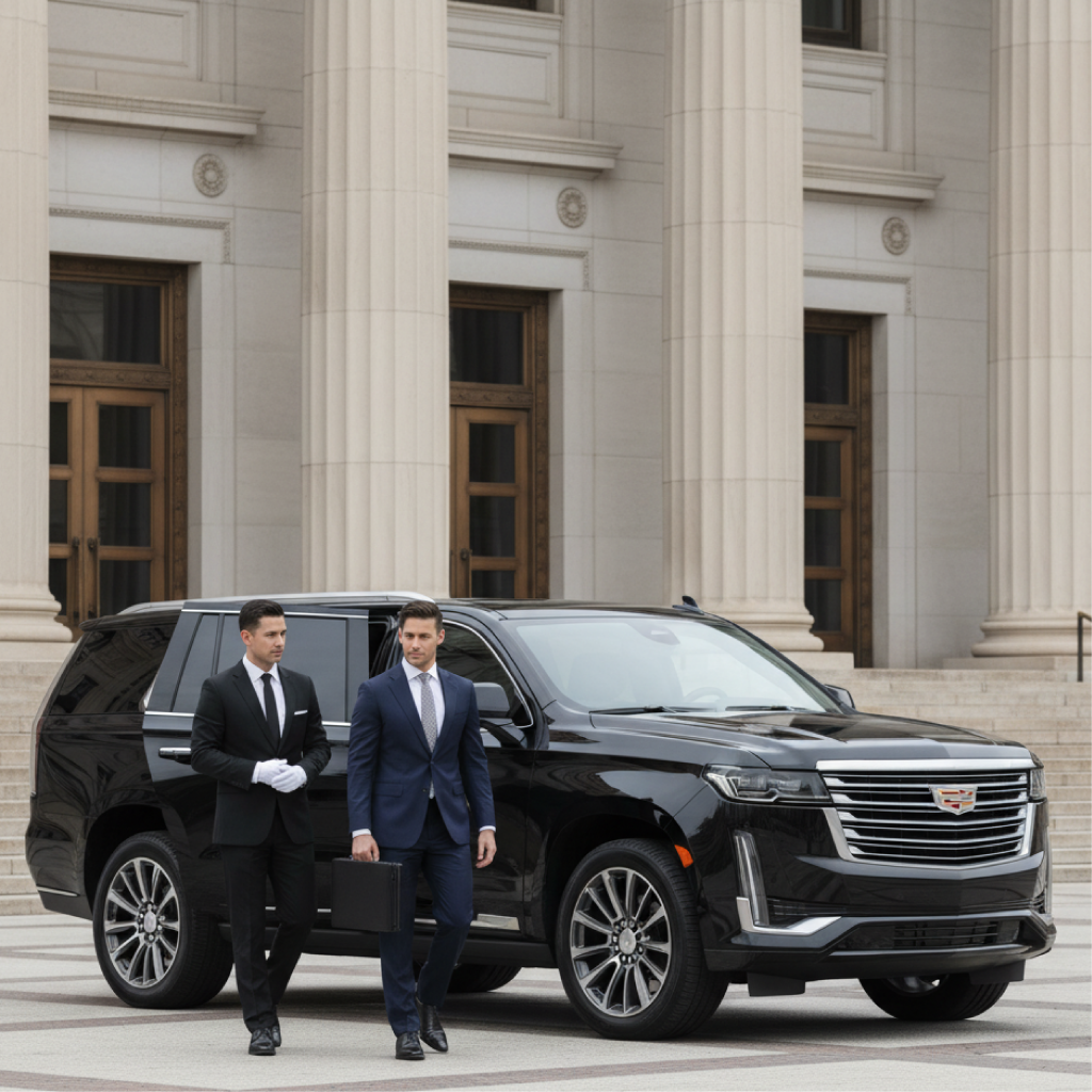 Chauffeur in gloves assists a business traveler beside a black Cadillac Escalade parked at a neoclassical government building in New Jersey.