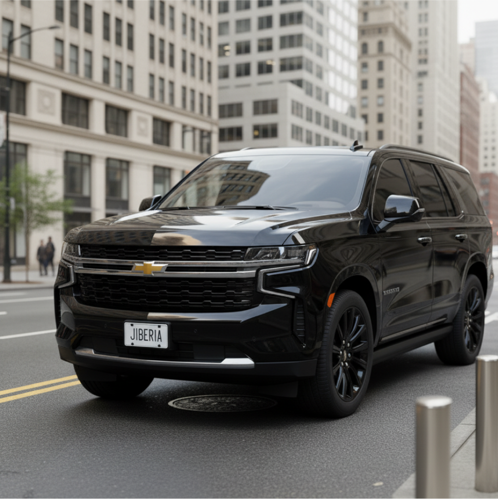Black Chevrolet Suburban SUV on a city street used for New Jersey chauffeur service, suitable for EWR and TEB airport transfers and NYC business travel.