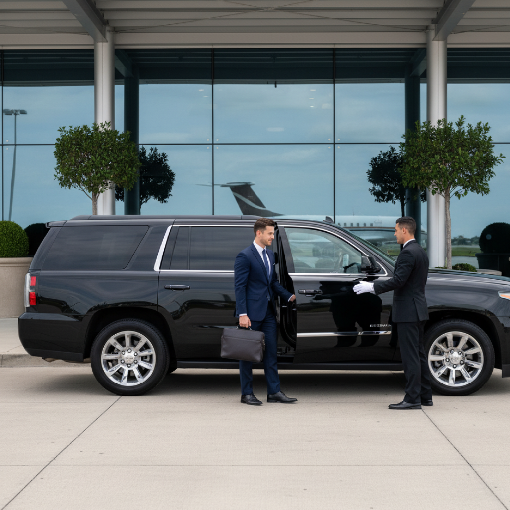 Chauffeur opens a black SUV’s door for a business traveler at an airport terminal; private jet visible in the background.