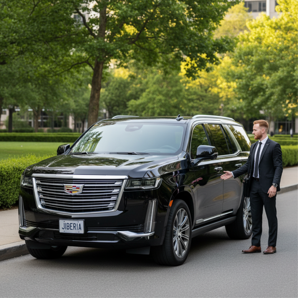 Professional chauffeur welcomes a passenger beside a black Cadillac Escalade SUV on a tree-lined city street in New Jersey.