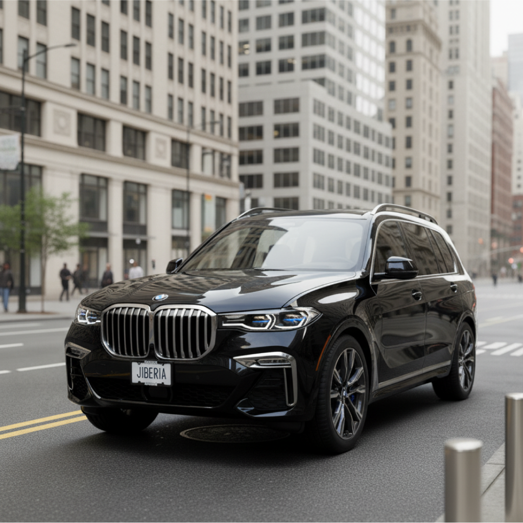 Black BMW X7 SUV on a downtown street used for New Jersey chauffeur service, suitable for EWR and TEB airport pickups and NYC business travel.
