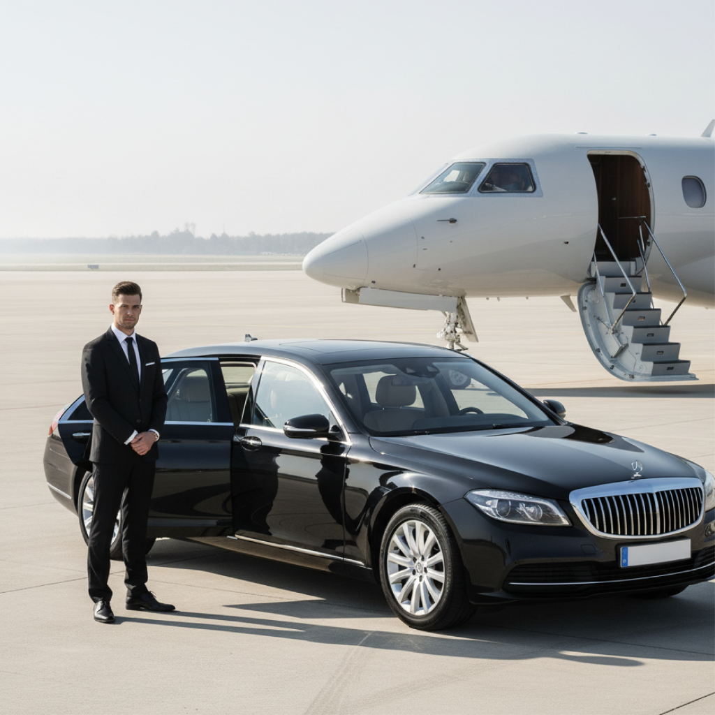 Chauffeur stands by the open door of a black luxury sedan beside a private jet on an airport tarmac.