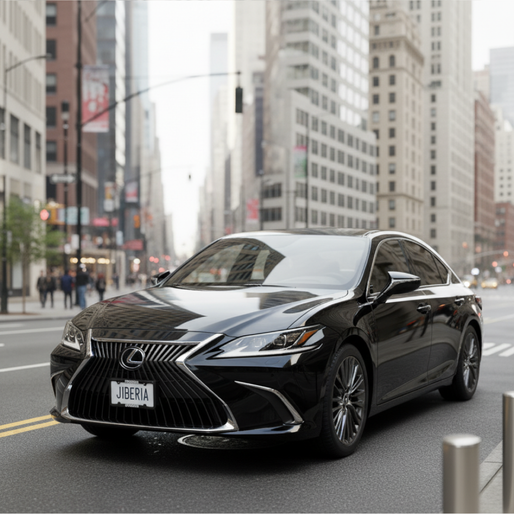 Black Lexus ES sedan from Jiberia Limo on a city street, offering New Jersey black-car service for airport transfers, corporate travel, and city-to-city rides.