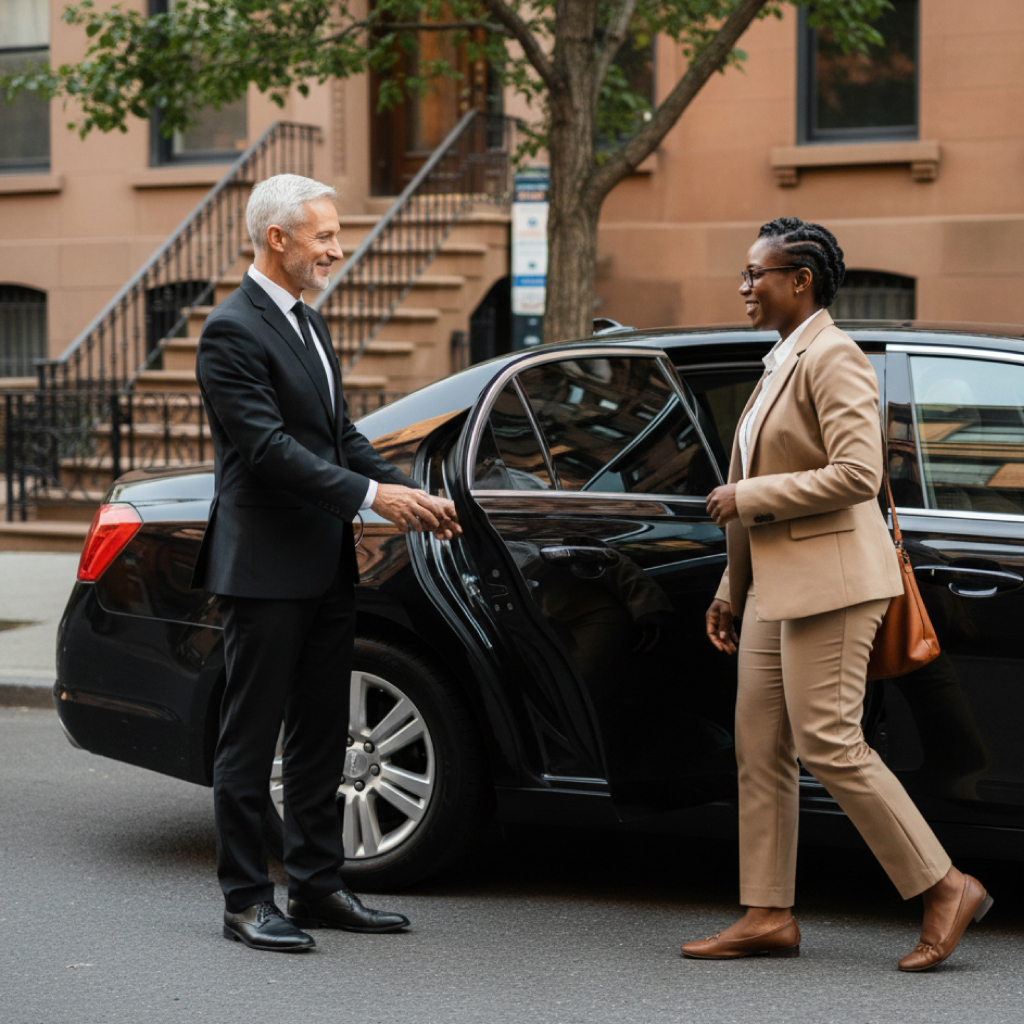 Chauffeur opens a black sedan for a business traveler in New Jersey—premium corporate car service with NYC access.