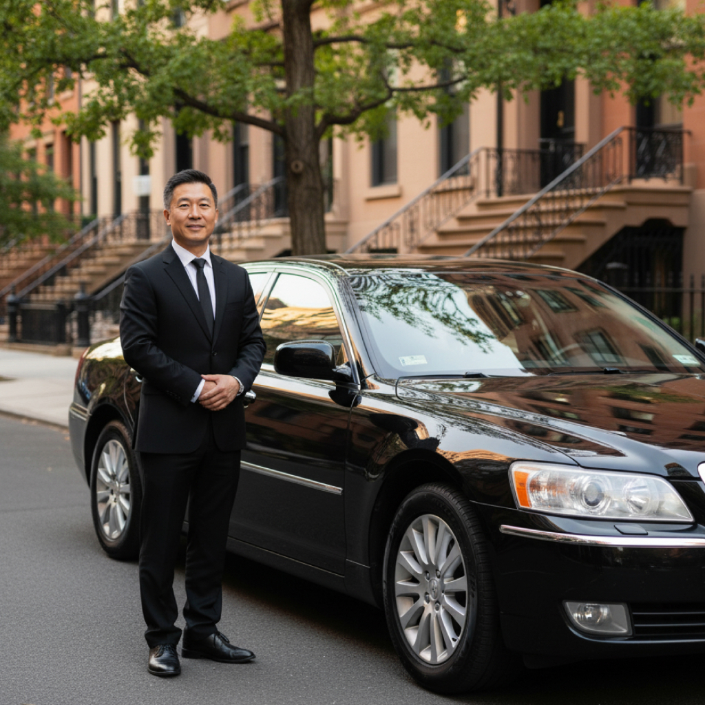 NJ chauffeur standing beside a black sedan on a residential street licensed private car service near Newark and NYC.