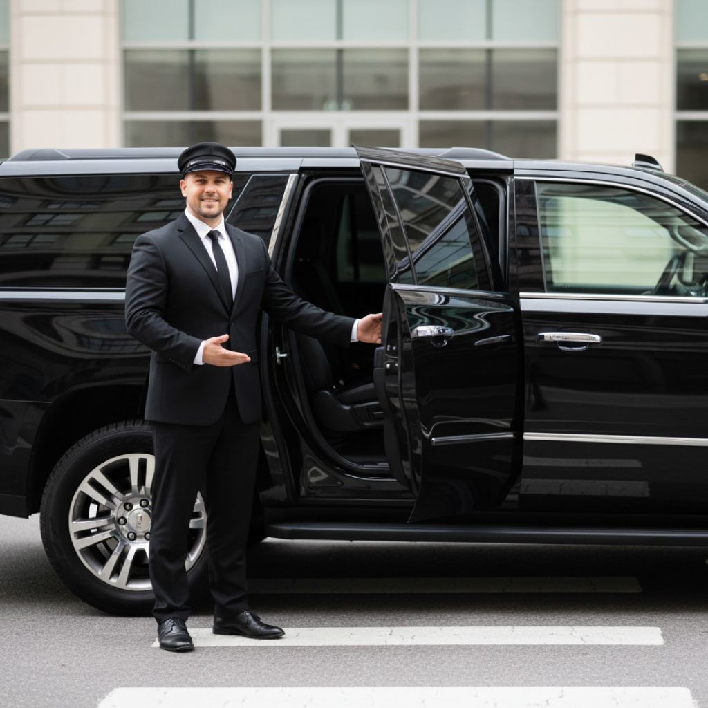 NJ chauffeur opening the door of a luxury black SUV for a passenger; licensed and insured private car service near Newark and NYC.